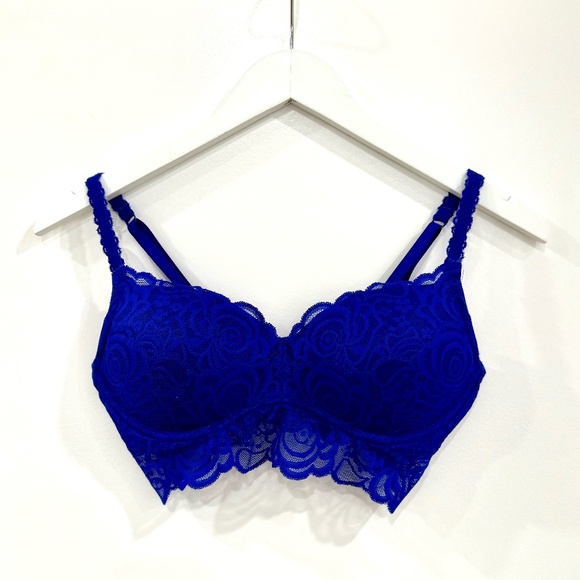 PINK Victoria's Secret Royal Blue Lace Push-up Bra with Pink Lining Bralette - Picture 1 of 15
